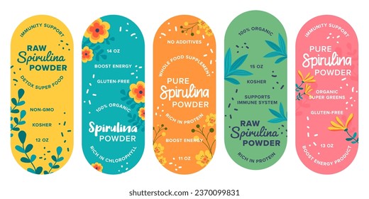 Colorful sticker set for spirulina powder package. Label design collection with natural plants, vector illustration. Healthy raw spirulina, organic product advertising at graphic design