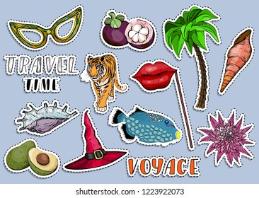 Colorful sticker set. Traveling time and summer vocation concep