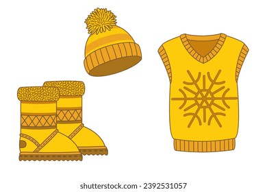 Colorful sticker set of winter clothes. Yellow Brown. Vest, hat with pompom, boots. 
