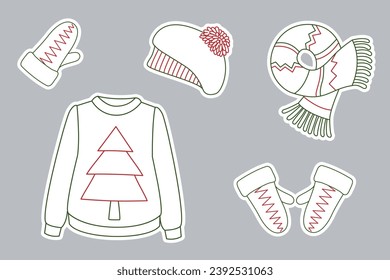 Colorful sticker set of winter clothes. line art. Beret, scarf, mittens, sweater with Christmas tree.