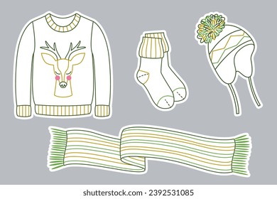 Colorful sticker set of winter clothes. line art. Sweater with deer, hat, scarf, socks.