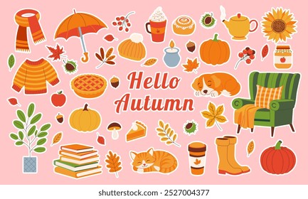 A colorful sticker sheet with various fall-themed items such as pumpkins, apples, and a cat. The sheet is titled "Hello Autumn" and features a green chair