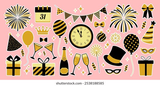 A colorful sticker sheet with various party decorations and a clock. Scene is celebratory and festive