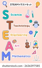 Colorful Sticker STEAM Learning Icons. Title means "STEAM illustration set" in Japanese.