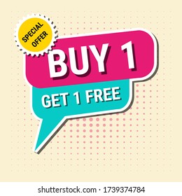 colorful sticker style discount poster with text buy 1 get 1 free special offer use for business promotion vector illustrations