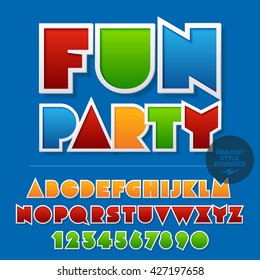 Colorful sticker styled set of  alphabet letters, numbers and punctuation symbols. Vector sample with Fun party