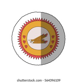 colorful sticker in sun shape with hearts and several pencil