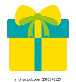 Colorful sticker with yellow and blue gift box and bow. Cute Surprise for holiday. Design for printing. Cartoon flat Vector illustration isolated on white. Celebration element in trendy colors.