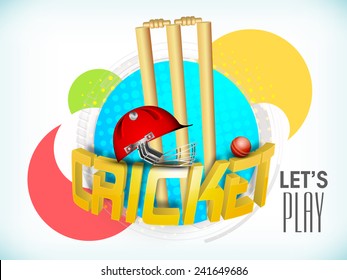 Colorful stickers with 3D golden text Cricket, wicket stumps, ball and helmet on sky blue background.