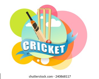 Colorful stickers with cricket bat, ball and wicket stumps on white background. 