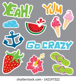 Colorful stickers design with different summer objects. Handmade lettering words Yum, go crazy, Yeah! Vector illustration.