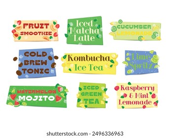 Colorful stickers display various cold drink options, enticing viewers with fruity names and vibrant designs ideal for summer refreshment.