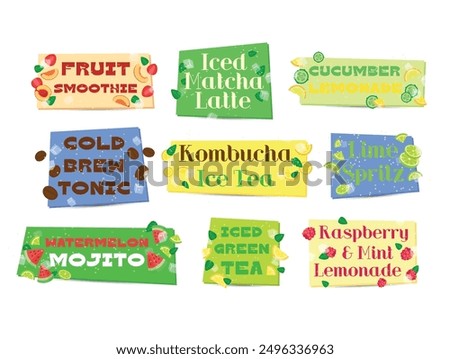 Colorful stickers display various cold drink options, enticing viewers with fruity names and vibrant designs ideal for summer refreshment.