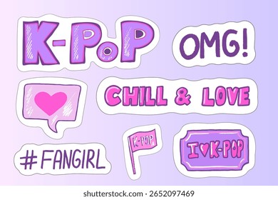 Colorful stickers feature catchy phrases and symbols related to K-Pop culture. Elements like hearts and hashtags express enthusiasm for this popular music genre.