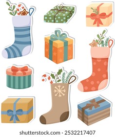 Colorful stickers with gift boxes and Christmas stockings. Set of cute holiday stuff