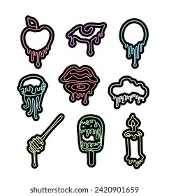 Colorful stickers, icons with drops, small tattoo, paint drips, continuous line drawing, print for clothes, emblem, logo design, silhouette one single line, isolated abstract vector illustration.