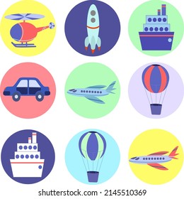 Colorful stickers for kids transport: airplane, halicopter, hot air balloon, car, ship and rocket.