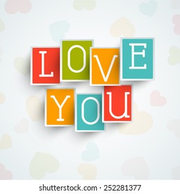 Colorful stickers or labels with text Love You for Happy Valentine's Day celebration on hearts decorated background.