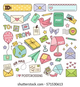 Colorful stickers with mailbox, envelope other objects of mail. Vector illustration.