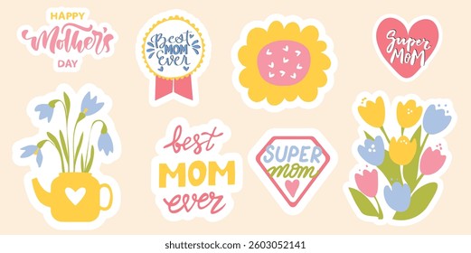 Colorful stickers for Mother's Day with flowers, ribbons and inscriptions in pastel colors. Perfect for greeting cards, social media and holiday decor.