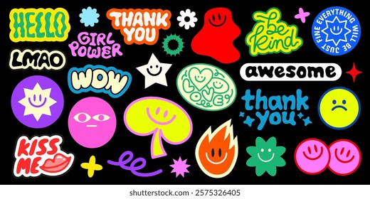 Colorful stickers with phrases like 'awesome', 'smile', 'love', 'LOL', and 'YOLO' Fun, vibrant designs for positive vibes and expressive messages Funky stickers, vector set