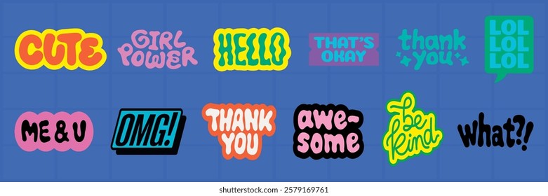 Colorful stickers with phrases like 'cute', 'thank you', 'girl power'. Bright 'cute' designs and 'thank you' notes add charm. 'Girl power' shines. Fun typography illustration vector set.