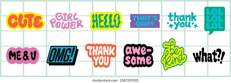 Colorful stickers with phrases like 'cute', 'thank you', and 'hello'. Expressive words like 'cute', 'thank you', and 'hello' in vibrant designs. Fun typography illustration vector set.