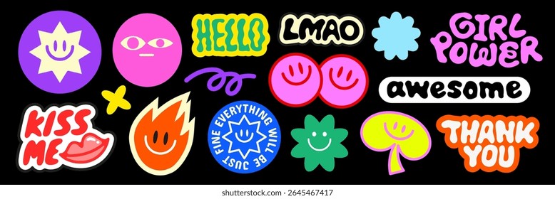 Colorful stickers with phrases like 'hello', 'LMAO', 'awesome', 'kiss me', 'thank you', and 'grl power' Bright, playful designs with smiley faces and stars Funky stickers, vector set