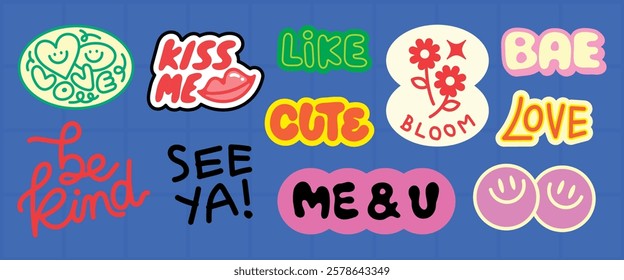 Colorful stickers with phrases like 'Kiss Me', 'Be Kind', 'Love'. Bright stickers say 'Kiss Me', 'Love', 'Be Kind'. Fun stickers: 'Love', 'Kiss Me', 'Be Kind'. Fun typography illustration vector set.