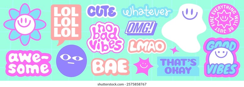 Colorful stickers with phrases like 'LOL', 'cute', 'no bad vibes', 'awesome', 'good vibes', and 'that's okay' Fun, playful, and vibrant designs Funky stickers, vector set