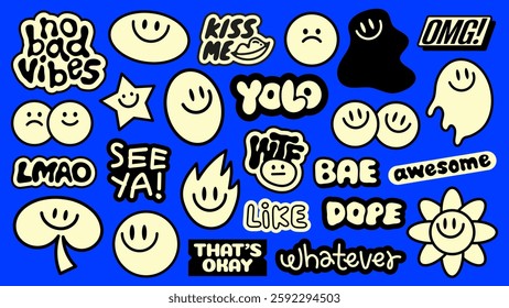 Colorful stickers with phrases like 'no bad vibes', 'YOLO', 'awesome', and 'whatever' Smiley faces and fun designs create a playful vibe Funky stickers, vector set