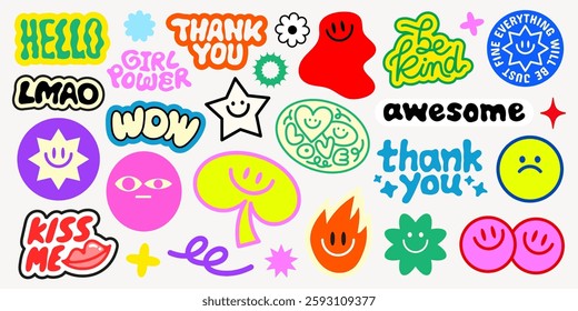 Colorful stickers with phrases like 'thank you', 'be kind', 'girl power', and 'awesome' Features stars, hearts, and smiley faces in vibrant designs Funky stickers, vector set