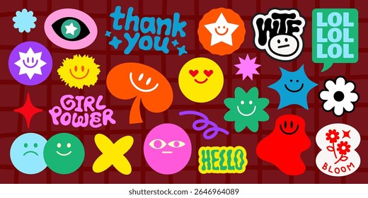 Colorful stickers with phrases like 'thank you', 'girl power', 'hello', and 'LOL' Bright, cheerful designs with stars, hearts, and smiley faces Funky stickers, vector set