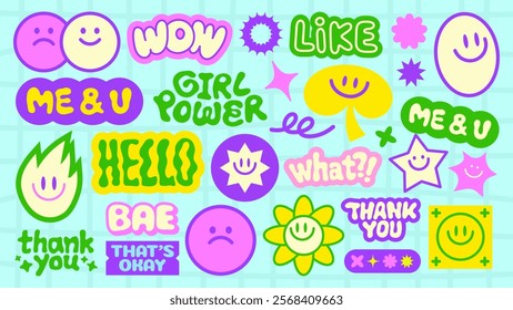 Colorful stickers with phrases like 'WOW', 'GIRL POWER', 'HELLO', and 'THANK YOU' Smiley faces and stars add fun to the vibrant design Bright and playful stickers Funky stickers, vector set