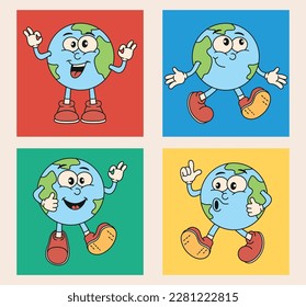 Colorful stickers of planet earth in groovy retro comic style. Vintage template for graphic prints on t-shirts in vibrant colors. Ecological environment concept.