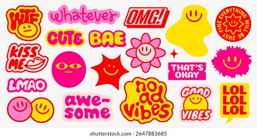 Colorful stickers with playful phrases like 'OMG!', 'Cute Bae', 'No Bad Vibes', and smiley faces Bright, fun, and expressive designs for positivity Funky stickers, vector set