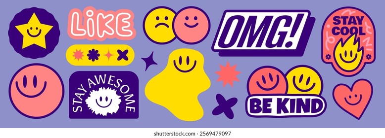 Colorful stickers with positive messages like 'OMG!', 'Stay Cool', 'Be Kind', and 'Stay Awesome' Smiley faces and vibrant designs on a purple background Funky stickers, vector set