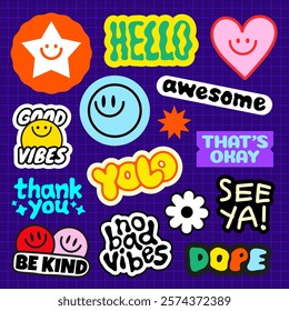 Colorful stickers with positive messages like 'hello', 'good vibes', 'YOLO', and 'be kind' Bright, cheerful designs spread positivity and good vibes Funky stickers, vector set