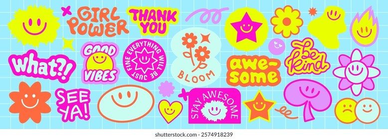 Colorful stickers with positive messages like 'Girl Power', 'Good Vibes', and 'Awesome' Bright, cheerful designs with smiley faces and stars Funky stickers, vector set