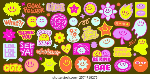 Colorful stickers with positive messages like 'Girl Power', 'Good Vibes', 'Be Kind' Bright, cheerful designs with smiley faces and stars Fun, vibrant, playful Funky stickers, vector set