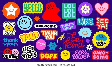 Colorful stickers with positive messages like 'Be Kind', 'Awesome', 'Good Vibes', and 'YOLO' Bright, cheerful designs with smiley faces and stars Funky stickers, vector set