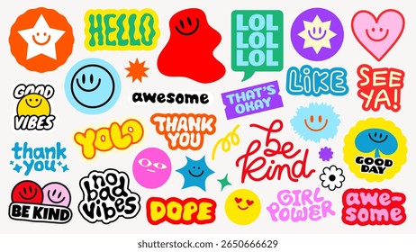 Colorful stickers with positive messages like 'Be Kind', 'Good Vibes', 'Awesome', and 'Girl Power' Bright, cheerful designs with smiley faces and playful fonts Funky stickers, vector set