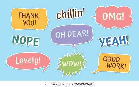 Colorful stickers set with commonly used words and phrases