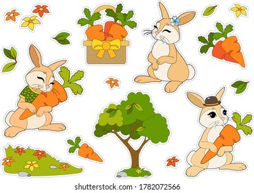 Colorful stickers set with rabbits in a hat and T-shirt, flowers, carrots in a basket isolated on white background. Cut and glue children games and decorations.