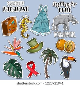 Colorful stickers set. Summer holliday and voyage to Tropic conc