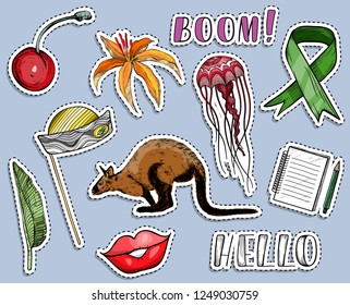Colorful stickers set. Various objects and words. Vector illustration