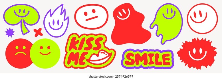 Colorful stickers with smiley faces, sad faces, and playful shapes Bright red, green, and purple designs with words 'Kiss Me' and 'Smile' Fun and vibrant graphics Funky stickers, vector set