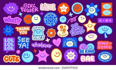 Colorful stickers with smiley faces, stars, and phrases like 'be kind,' 'good vibes,' and 'girl power' Fun, positive, and playful designs on a purple background Funky stickers, vector set