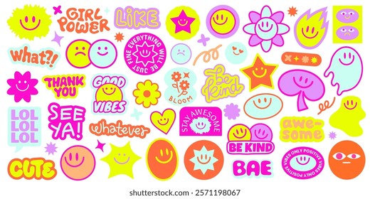 Colorful stickers with smiley faces, stars, and positive words like 'awesome', 'be kind', and 'girl power' Bright, cheerful, and uplifting designs Funky stickers, vector set