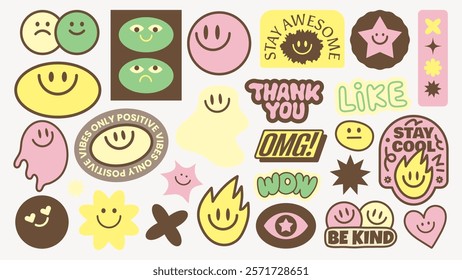 Colorful stickers with smiley faces, stars, and positive messages like 'Stay Awesome' and 'Be Kind' Bright, cheerful, and positive vibes throughout Funky stickers, vector set